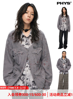 物理少年「粗糙影像」羊毛双层纱紫色不规则喷溅印花柔软开衫毛衣