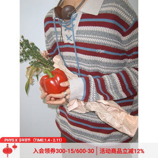 物理少年 逃离计划系列「雪国列车」美式复古条纹Polo领绑带毛衣