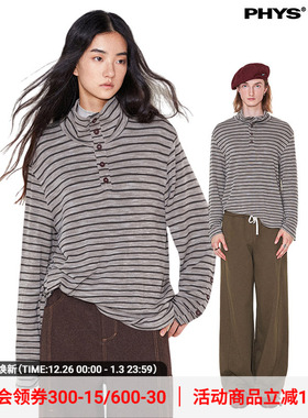 物理少年「夕日黄昏」复古慵懒廓形宽松条纹立领长袖T恤