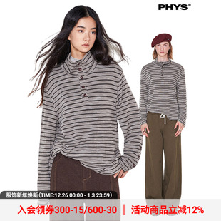 物理少年「夕日黄昏」复古慵懒廓形宽松条纹立领长袖 T恤