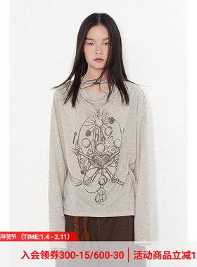 物理少年「感官系统」荡领圆环设计米灰色优雅亲肤百搭长袖T恤