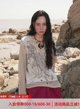 物理少年「琴鲸之渡」天丝针织网眼镂空复古优雅拼接假两件套头衫