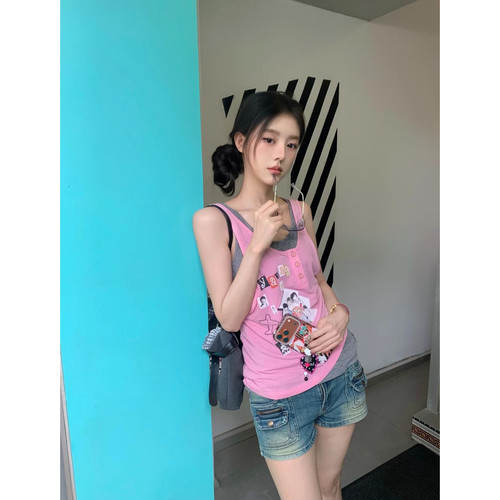 辣妹印花U领修身短款无袖背心