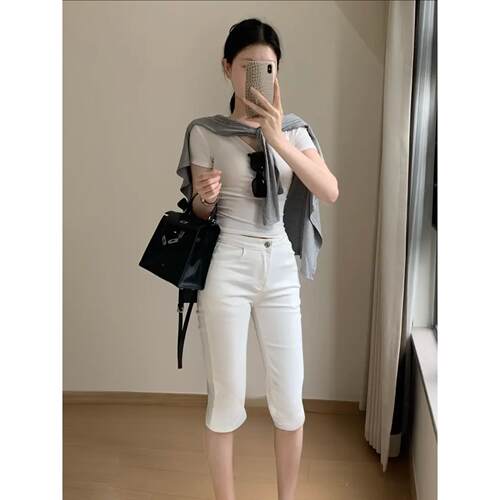 夏季韩系通勤侧开叉牛仔裤女高腰丰胯修身提臀显瘦百搭休闲七分裤