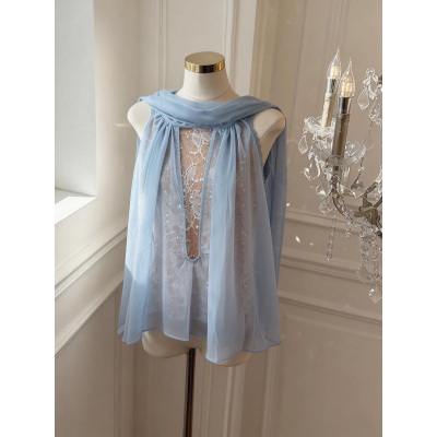 “薄纱月光”设计感法式气质拼接蕾丝无袖显瘦收腰上衣