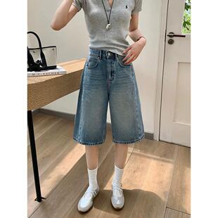 复古夏季 直筒宽松显瘦韩版 百搭 女小个子高腰五分灯笼裤 牛仔短裤