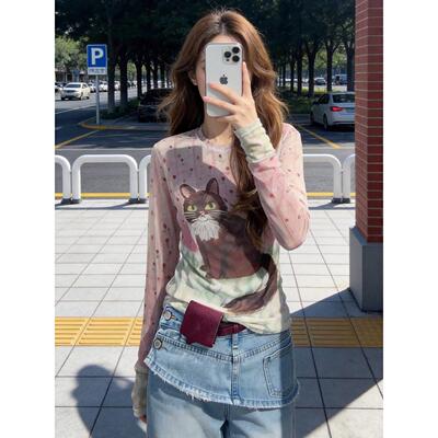 欧洲站小猫印花粉色网纱长袖T恤女夏季防晒衣显瘦休闲上衣薄款潮