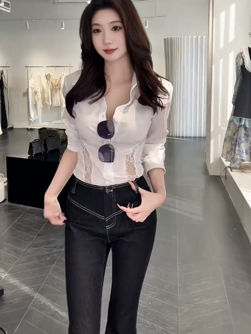 网红韩系古早双v蝴蝶绑带微喇叭牛仔裤女设计感修身显瘦明线长裤,女装/女士精品,牛仔裤,淘宝优惠券,粉丝福利购,淘宝优惠卷