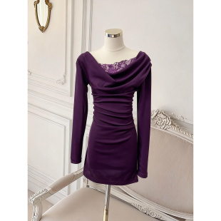 纯欲性感风蕾丝斜肩长袖 气质包臀短裙 连衣裙女修身