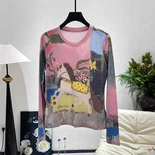 欧洲站晕染涂鸦印花长袖小马网纱T恤女时髦个性打底衫上衣防晒