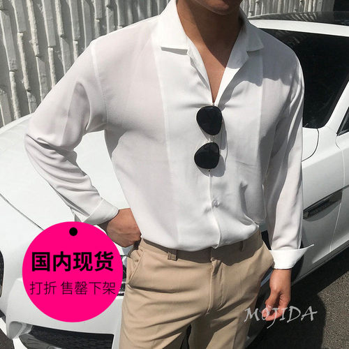【特价现货】韩国东大门男装抗皱古巴领宽松休闲长袖衬衫男-33234