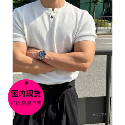 【特价现货】韩国东大门匹马棉华夫格亨利领针织短袖T恤男-TS4128