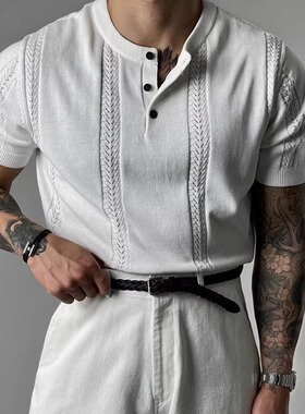 魔吉达韩国代购男装亨利领高品棉麻针织麻花纹轻熟短袖T恤-TS4075