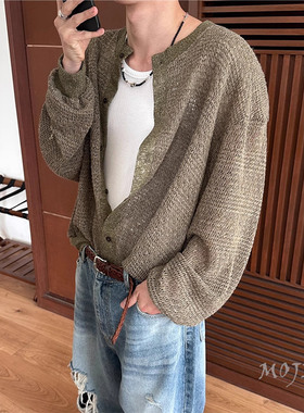 魔吉达韩国男装OASIS镂空夏季轻薄落肩防晒针织开衫外套潮-CD1640