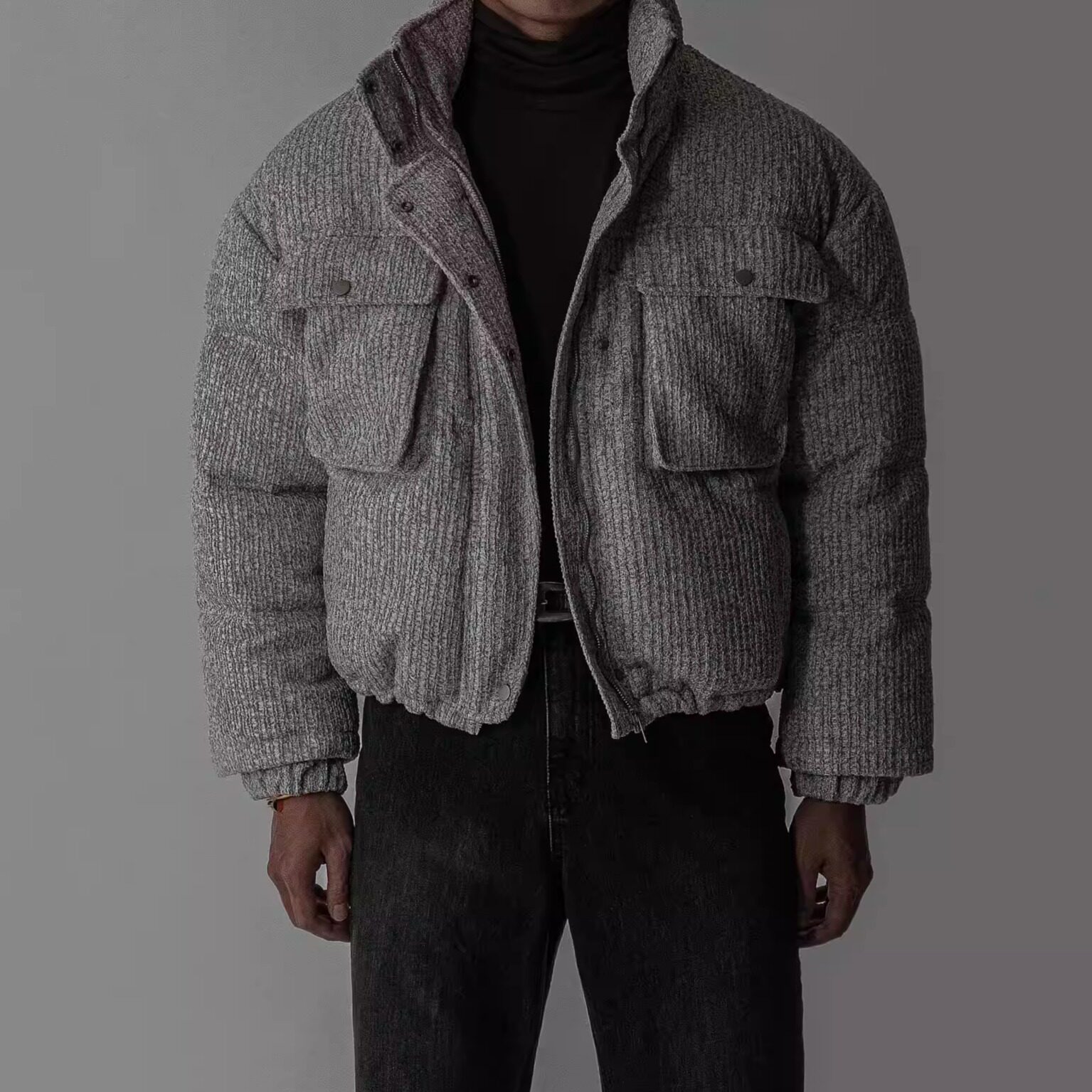 韩国东大门代购短款针织棉服宽松长袖休闲秋冬保暖中性外套JK4633