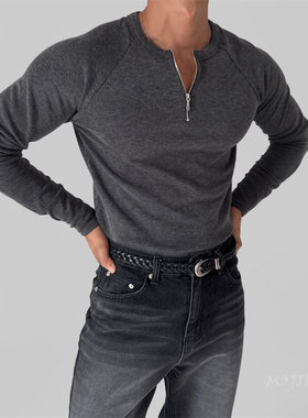韩国男装代购人造丝弹力修身螺纹针织TEE半拉链插肩长袖T恤TS4759