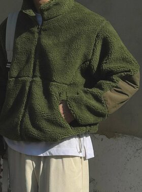 韩国男装代购mosco重工羊羔毛立领补丁小众棉服夹克外套男-JK4668
