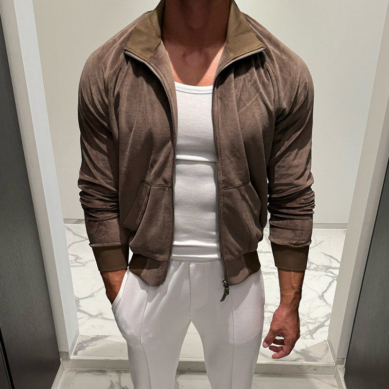 韩国东大门男装代购轻奢复古丝绒立领拉链夹克运动休闲卫衣JK3374