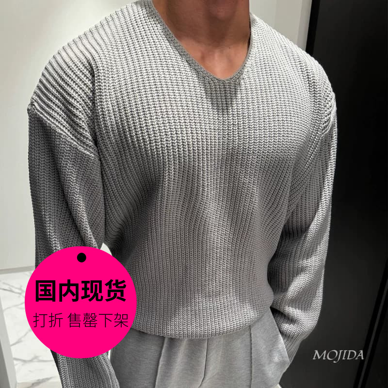【特价现货】韩国东大门男装V领落肩慵懒宽松粗棒针织套衫-CD1171