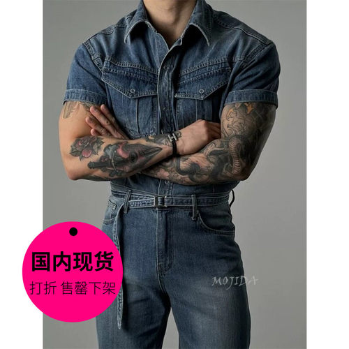 【特价现货】韩国东大门男装盖口袋重工水洗短袖牛仔衬衫男SH2087
