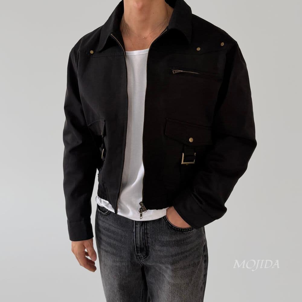 韩国男装代购潮牌休闲口袋拉链翻领街头长袖男女短外套夹克JK4971