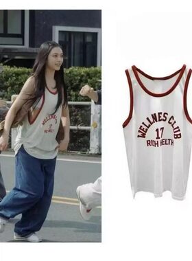 韩国代购男装东大门newjeans姜海粼宽松撞色印花背心夏男女TS5864