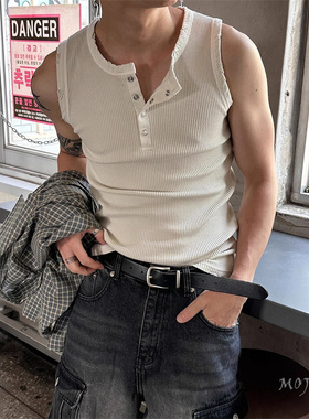 韩国男装代购BAMBOO做旧水洗磨破亨利领按扣纹理无袖T恤背心S4363