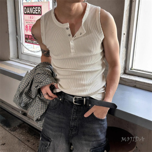 T恤背心S4363 BAMBOO做旧水洗磨破亨利领按扣纹理无袖 韩国男装 代购