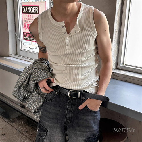 韩国男装代购BAMBOO做旧水洗磨破亨利领按扣纹理无袖T恤背心S4363