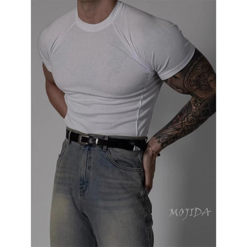 魔吉达韩国代购男装精工插肩设计弹力修身肌肉TEE短袖T恤男TS3961