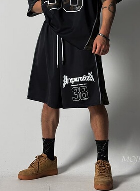 韩国代购东大门男装迷彩拼接数字球裤宽摆速干运动短裤休闲PT4229