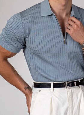 魔吉达韩国代购男装短袖T恤针织拉链套头翻领简约轻奢TEE衫CD1586