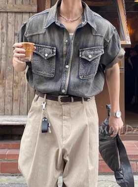 魔吉达韩国代购男装复古刷色水洗西部口袋重工短袖牛仔衬衫SH2114