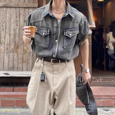 魔吉达韩国代购男装复古刷色水洗西部口袋重工短袖牛仔衬衫SH2114