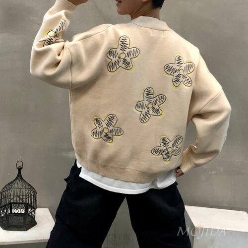 韩国男装代斜复古涂鸦花朵针织开衫休闲宽松 V 领毛衣上衣CD2488