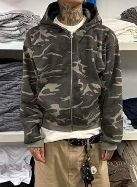韩国东大门代购潮流迷彩个性华夫格短款连帽拉链卫衣开衫男JK5032