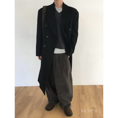 韩国东大门男装代购高品法式复古双排扣戗驳领毛呢大衣外套JK4772