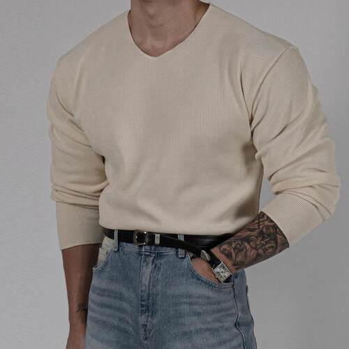 瓦楞V领纹理宽松打底长袖T恤衫
