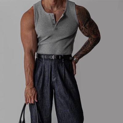 韩国男装代购薄款夏季亲肤华夫格亨利领打底衫无袖T恤背心-TS4535