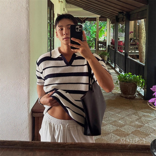 cheat镂空透气撞色条纹针织翻领POLO短袖 T恤男TS4504 代购 韩国男装