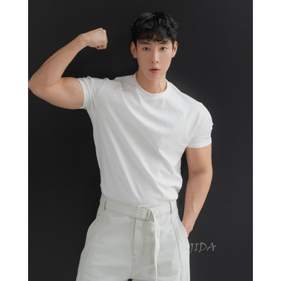 韩国代购男装东大门高弹力muscle双肩线健身打底短袖T恤男-TS4558