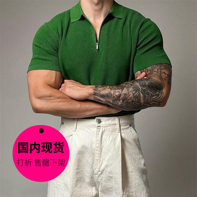 【特价现货】韩国东大门男装拉链翻领短袖针织T恤POLO衫男-TS2465