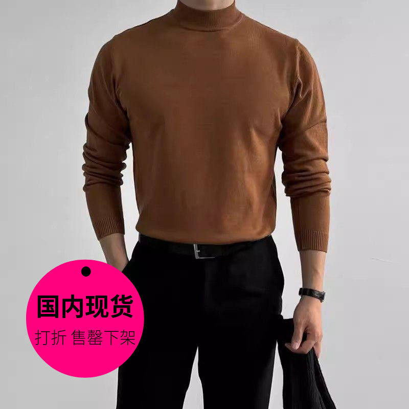 【特价现货】韩国纯色半高领弹力修身套头休闲打底针织衫男-CD109