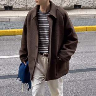 韩国男装代购MOOD翻领ins风中长夹棉羊毛呢大衣外套男-JK4721