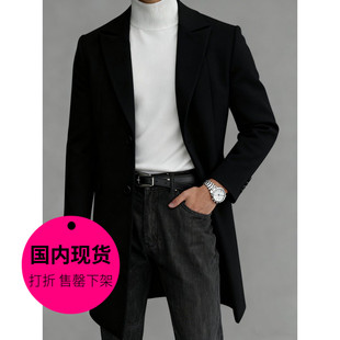 【特价现货】韩国男装大翻领羊毛呢子外套男士中长款呢大衣-JK058