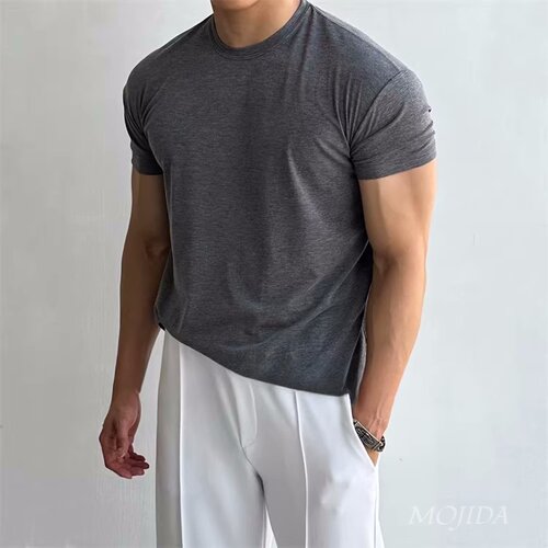 韩国男装代购轻薄弹力修身纯色基本款健身打底圆领短袖T恤TS5254