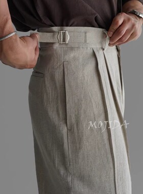 魔吉达韩国代购男装高档亚麻薄垂感设计师双掐褶阔腿休闲裤PT3241