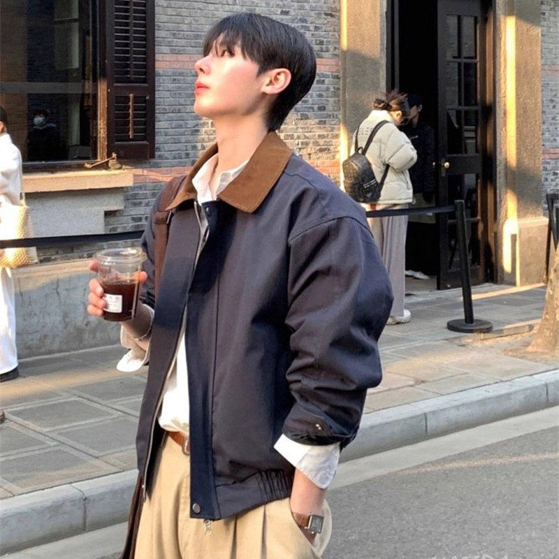 韩国东大门代购拼色翻领复古workwear阔版底特律夹克外套男JK4171