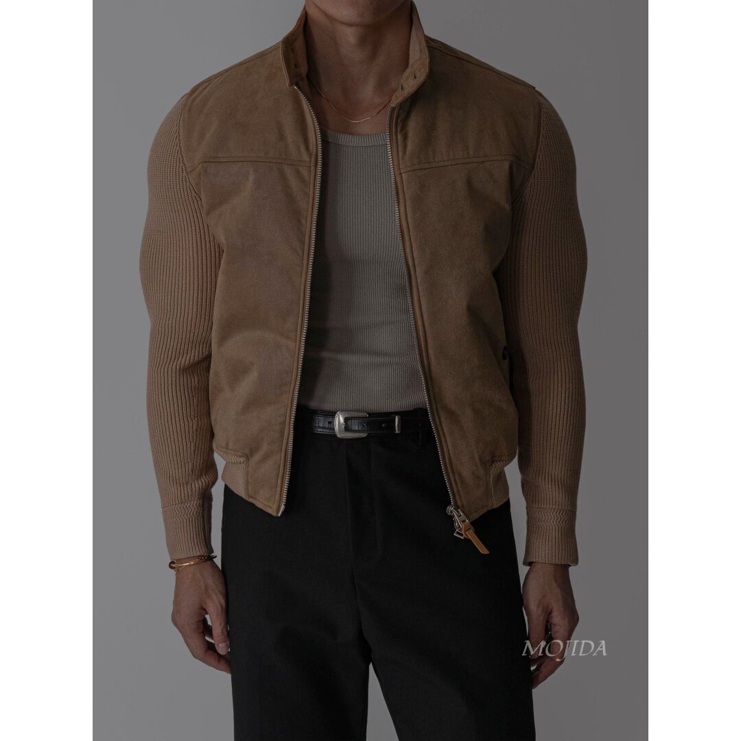 韩国东大门代购男装拼接羊毛针织鸭绒羽绒服立领拉链外套男JK4922