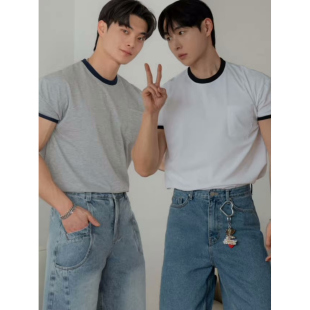 T恤弹力运动健身减龄潮TS5358 撞色滚边口袋高品短袖 韩国代购 男装